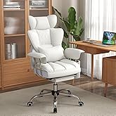 COSTWAY 400 LBS Big and Tall Office Chair, PU Leather Executive Desk Chair w/Retractable Footrest, Reclining Function, Lumbar Support, Ergonomic High Back Home Computer Task Chair, White