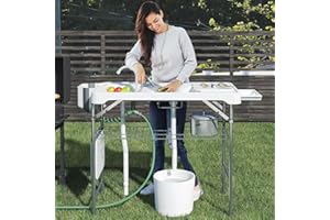 IWDOO 42.5" Fish Cleaning Table with Dual Sink, Portable Folding Camping Table with Faucet, Sprayer, Grid Rack, Hose Hook Up & Knife Groove, Outdoor Sink Station for Picnic Beach Patio