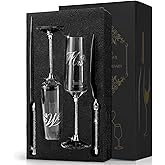 VARLKA Wedding Cake Knife and Server Set, Mr and Champagne Flutes with Wedding Cake Cutting Set for Bride and Groom Toasting (Clear)