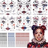 9 Sheets Halloween Glitter Clown Face Gems Makeup Tattoos Stickers Black Red Blue Rhinestone Faces Eyeshadow Gems Jewels Temporary Tattoos for Halloween Cosplay Carnival Party