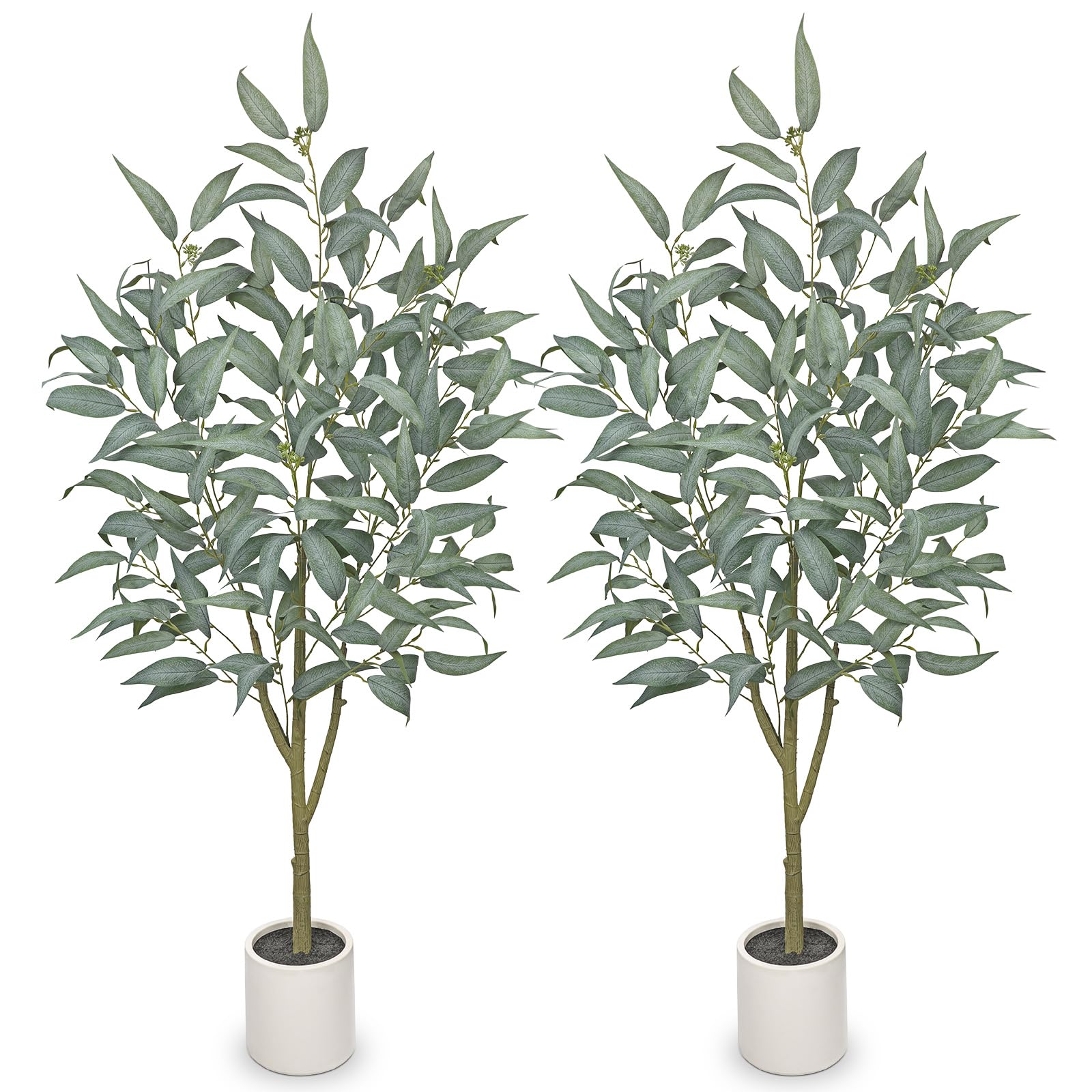 Photo 1 of 2 Packs Artificial Eucalyptus Tree in White Pot – 4FT Faux Indoor Plant for Home Décor, Modern Greenery for Living Room, Bedroom, Office – Realistic Silk Leaves, Minimalist Planter