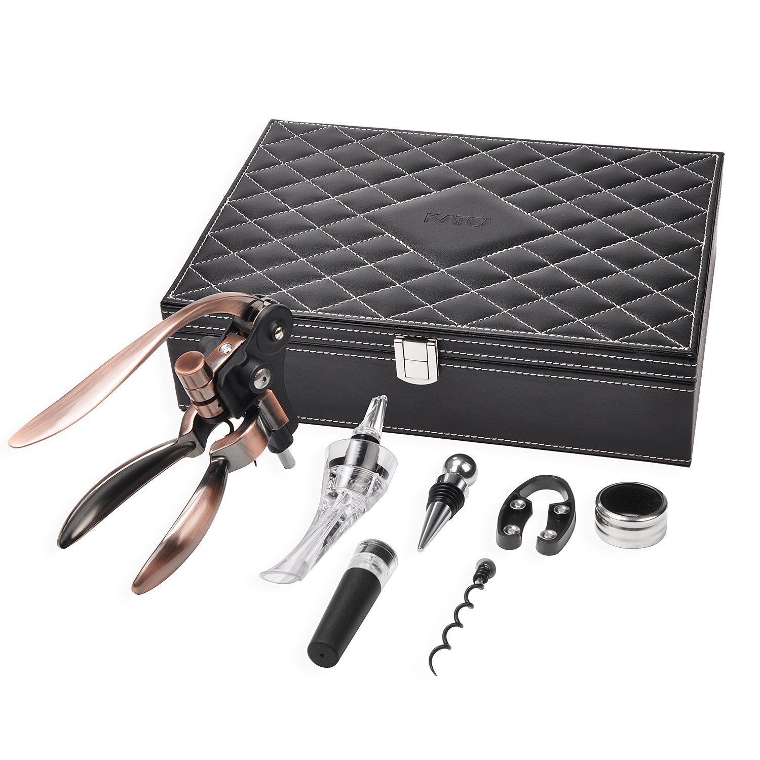 Wine Opener Corkscrew Set, 7 Pieces Wine Bottle Accessories Gift Kit, Rabbit Screwpull, Wine Stopper, Pourer, Foil Cutter and Extra Screw In Deluxe Leather Box by Kato, Free Drink Marker Stickers