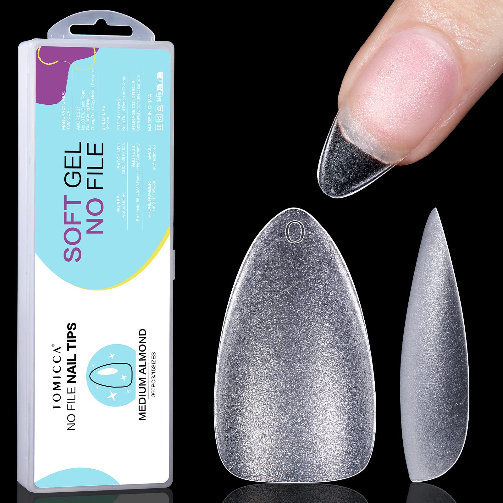 TOMICCA 360Pcs Medium Almond Nail Tips - No-File Matte Soft Gel Full Cover | Soak Off Extensions, 15 Sizes Salon & Home DIY Kit — image 1
