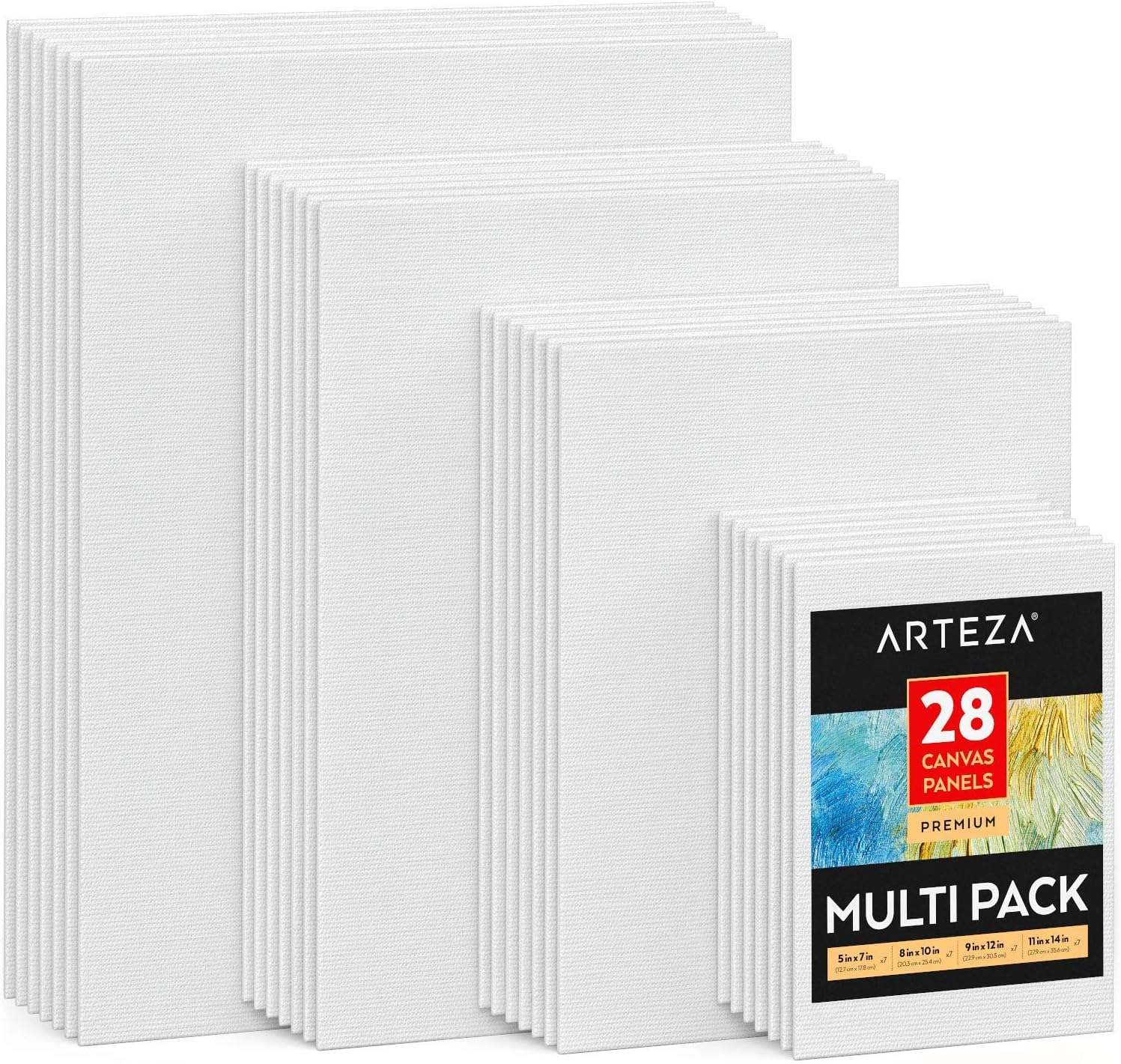 Arteza Painting Canvas Board, Multipack of 28, 12.7 x 17.8, 20.3 x 25.4, 22.9 x 30.5, 27.9 x 35.6 cm, 12.3 oz Primed