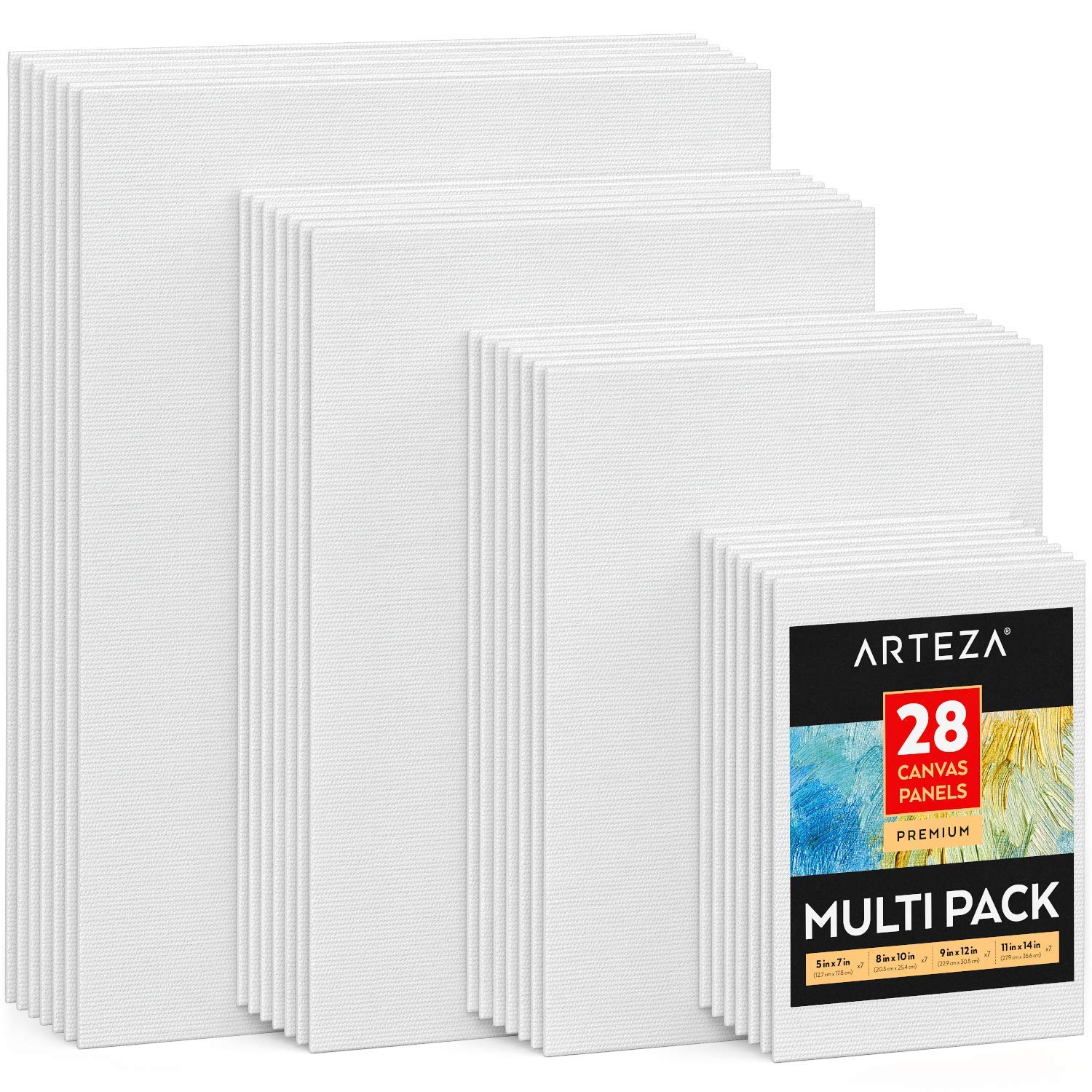 Arteza Painting Canvas Board, Multipack of 28, 12.7 x 17.8, 20.3 x 25.4, 22.9 x 30.5, 27.9 x 35.6 cm, 12.3 oz Primed, 100% Cotton, Recycled Panel Core, White - Premium