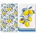 Kitchen Dish Towel 18 x 28 Blue Yellow Lemon Dishcloth Watercolor Farmhouse Decorative Hand Drying Tea Towel for Spring Summer Kitchen Cooking Baking Cleaning, 2Pcs