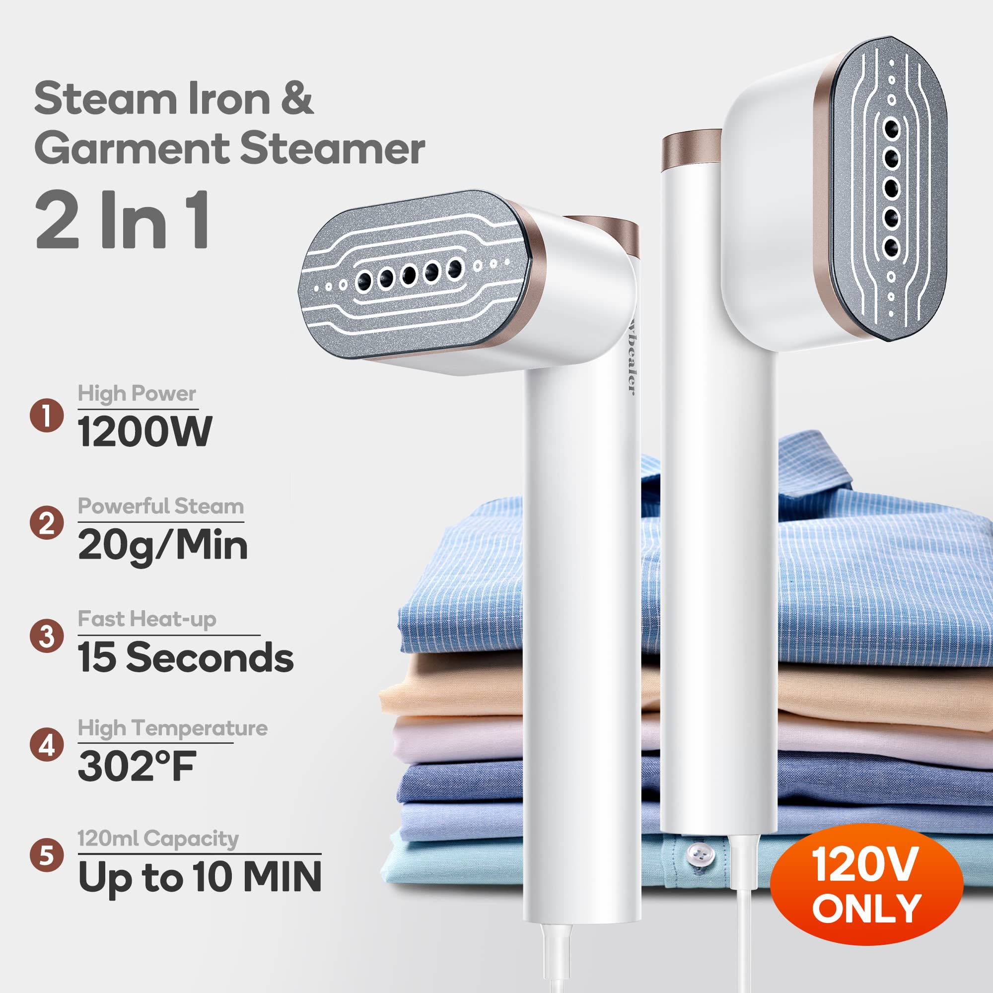 Newbealer Steam Iron for Clothes, Horizontal & Vertical Steaming, Dry Ironing with 90° Rotatable Head, 1200W, 15s Heat Up, 302℉ Handheld Clothing Steamer (120V Only)