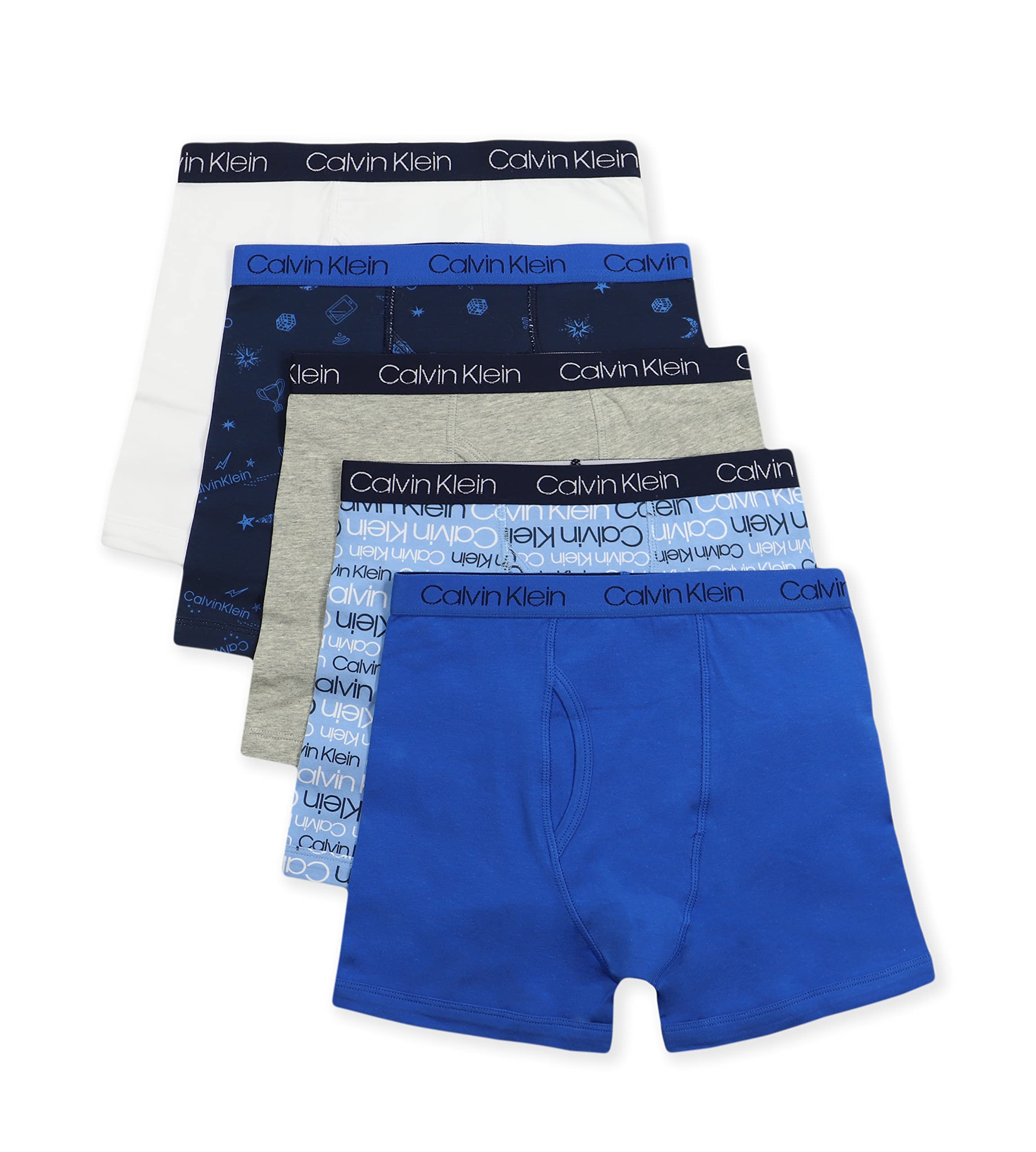 Calvin Klein Kids Boys' Modern Cotton Boxer Brief Underwear 5-Pack, White/Ck Logo/Gray/Ck/Blue, X-Small Image