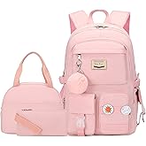 Hey Yoo School Backpack with Lunch Box, Backpack Set Cute School Bag Bookbag for Teen Girls (Pink)