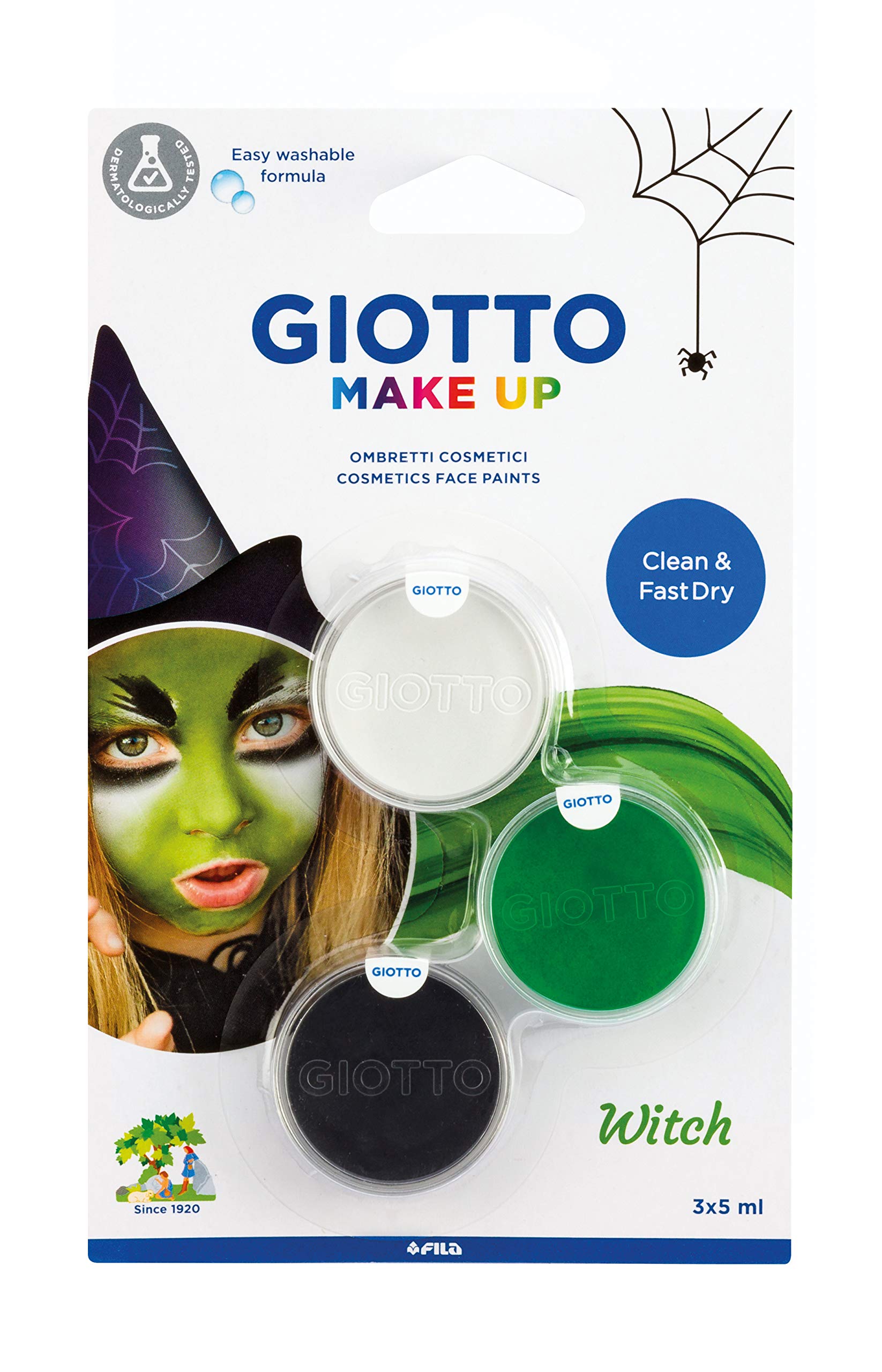 GIOTTO Kids Halloween & Dress Up Witch Make-Up Eye-Shadow Set in White, Black & Green, Easy Washable from Skin, For Dress Up, Children and Parties