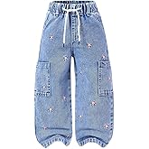 WDIRARA Toddler Girl's Floral Embroidered Wide Leg Cargo Jeans Drawstring Elastic Waist Denim Pants