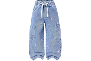 WDIRARA Toddler Girl's Floral Embroidered Wide Leg Cargo Jeans Drawstring Elastic Waist Denim Pants