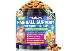 WEALLIN Cat Hairball Support Chews 500 Chews, Cat Hairball Remedy Treats Crunchy Shell with Krill Core, Furball Control Relief, Digestion, Supports Skin & Coat, Chicken Flavor, for All Breeds & Ages Cats