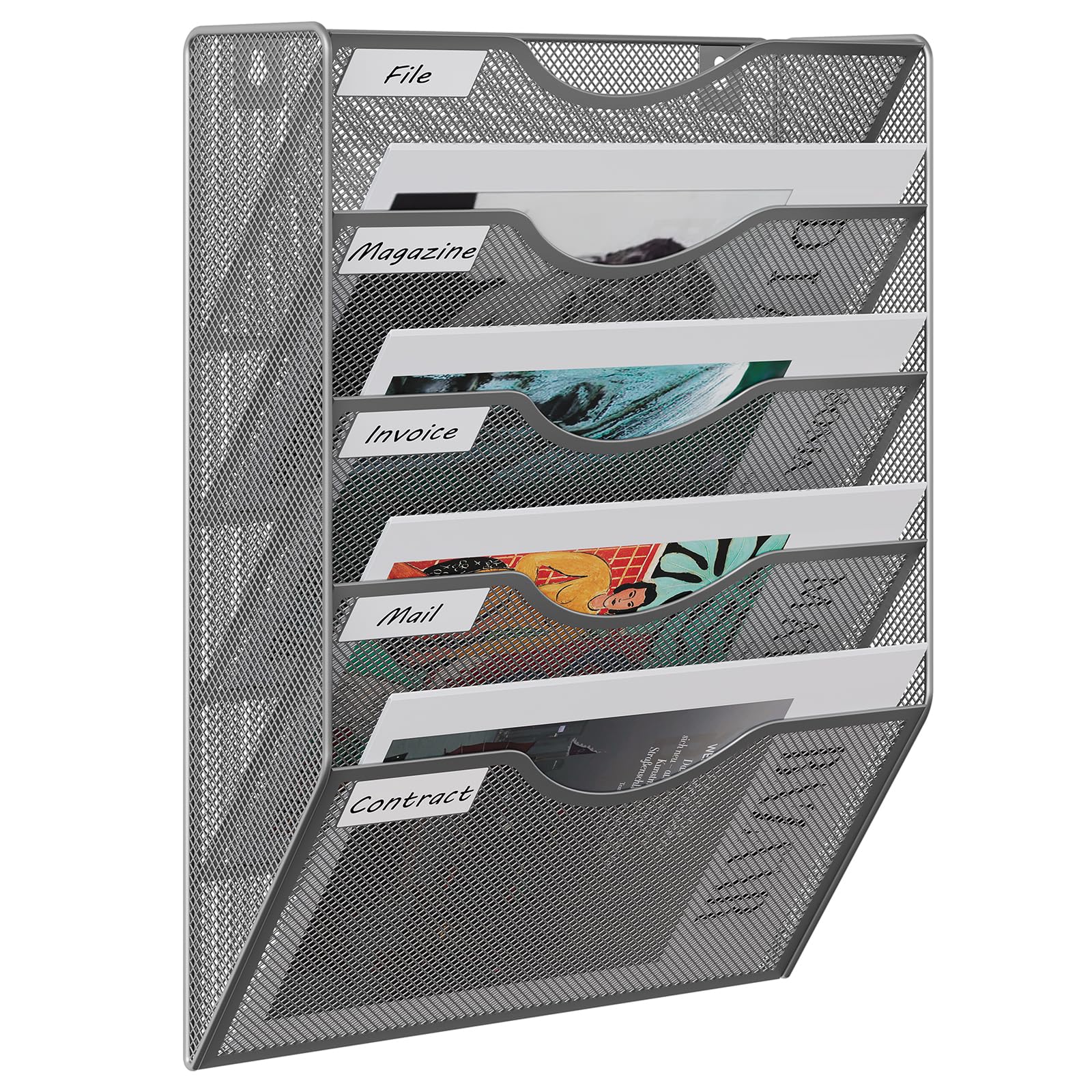 EasyPAG Metal 5 Tier A4 Wall Mounted Document Holder,Hanging Wall File Organiser,Pigeon Holes Storage,Wall Pocket,Filing Tray,Magazine Rack for Office & Home,Silver