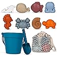 MarcZero 11Pcs Silicone Beach Toys,Modern Baby Beach Toys,Travel Friendly Beach Set,Eco Friendly Toy,Silicone Bucket, Shovel, 8 Sand Molds, Beach Bag,Silicone Sand Toys for Toddlers, Kids (Dark Blue)