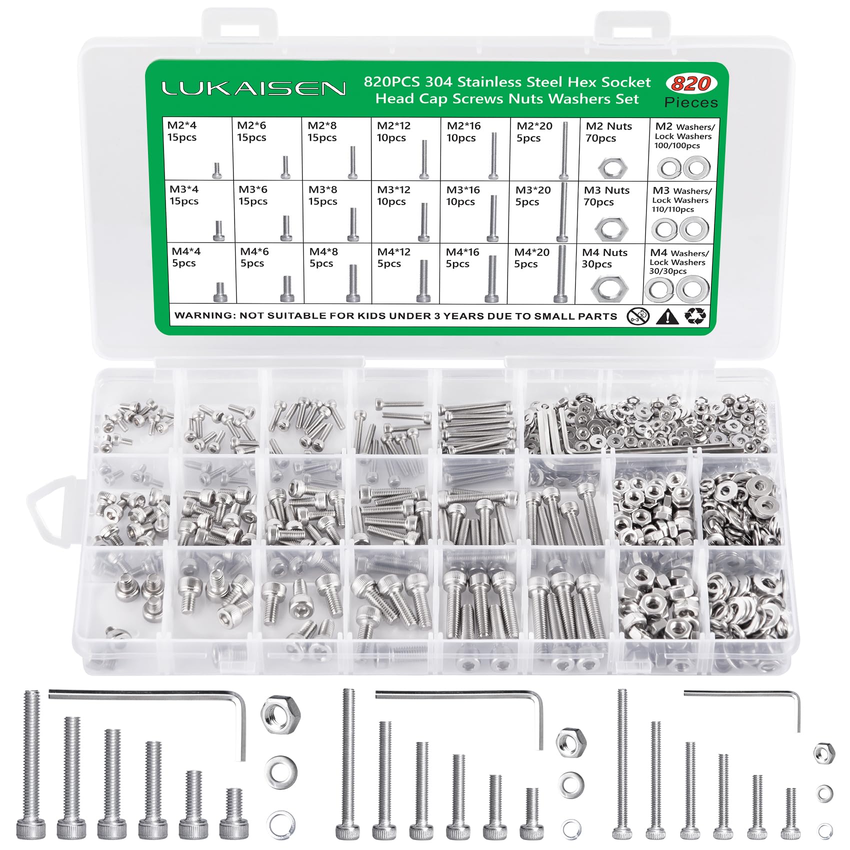 820Pcs Bolts and Nuts Set, M2 M3 M4 Nuts and Bolts Hexagon Socket Head Cap Screws Assortment Kit, 304 Stainless Steel Hex Screws and Washers Set Fully Threaded With 3 Allen Keys — image 1