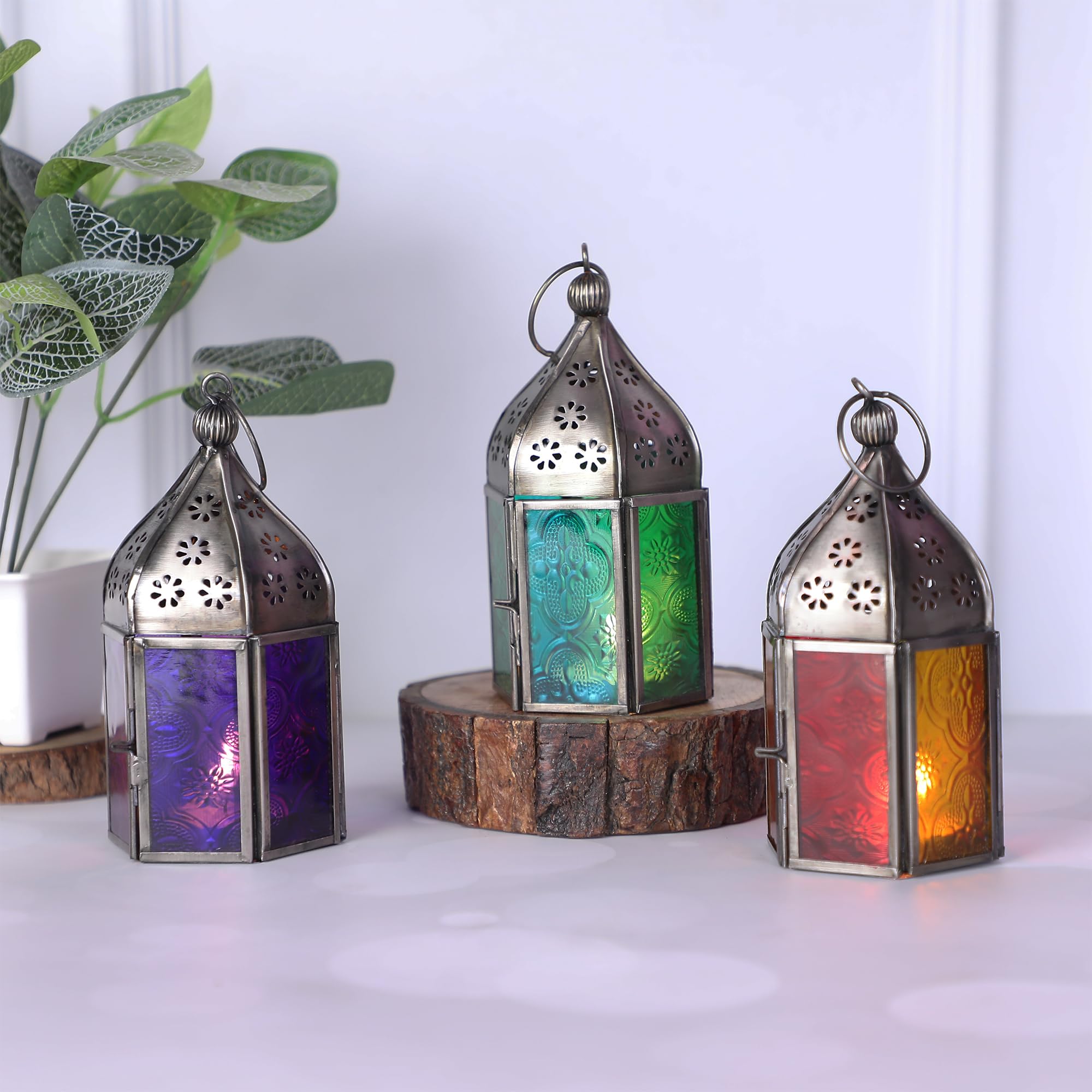 ETHNICITI Set of 3 Hexagonal Moroccan Lanterns Hanging Tabletop Turkish Tealight Candle Holder Lamp, Portable Iron Dual Colour Stained Glass, Indoor Outdoor Garden Home Decor Gift Parties Decoration