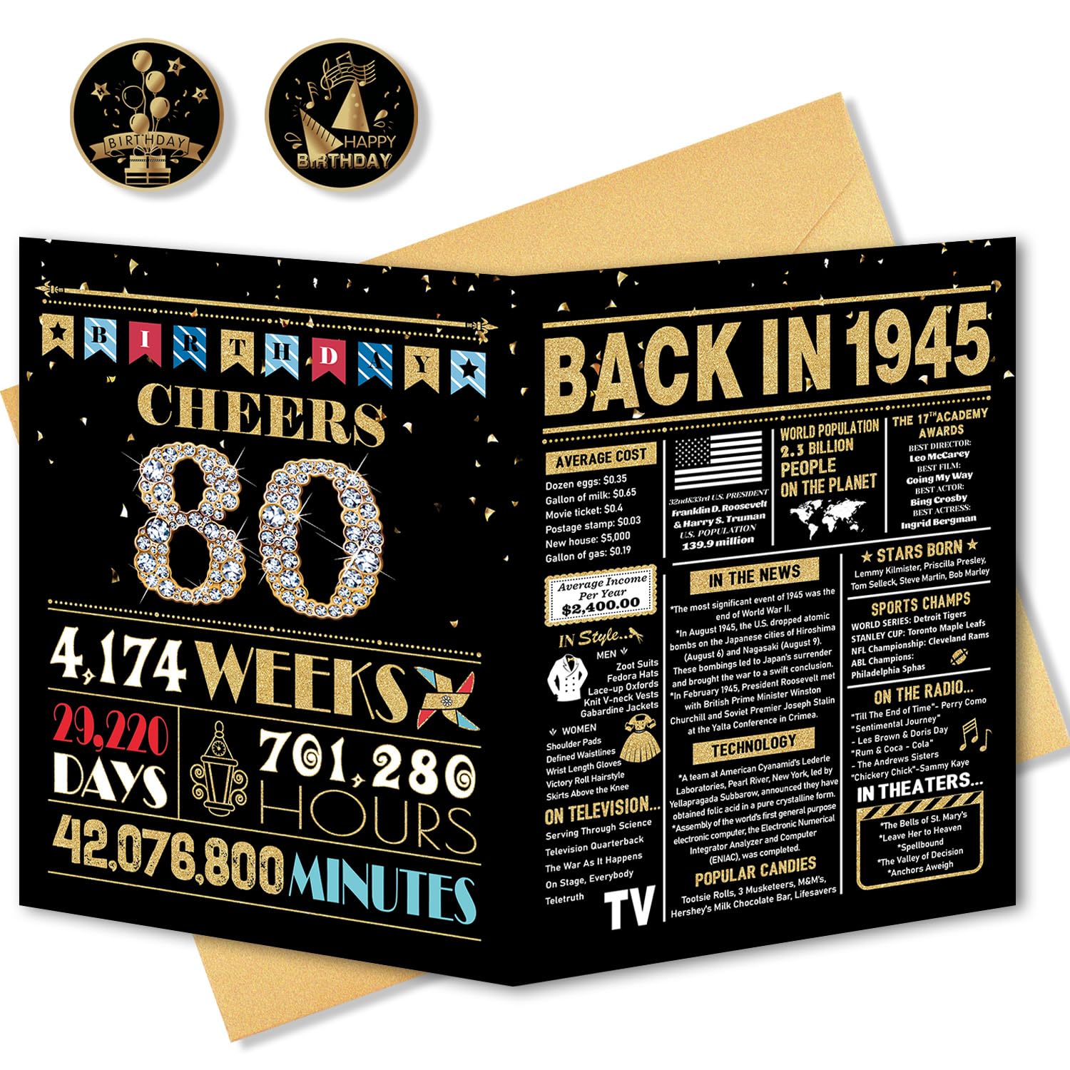 Photo 1 of BGTCARDS 80th Birthday Card, 80th Birthday Decorations for Women Men, 80th Birthday Gifts for Dad Mom, Back in 1945 Birthday Card, Black Gold