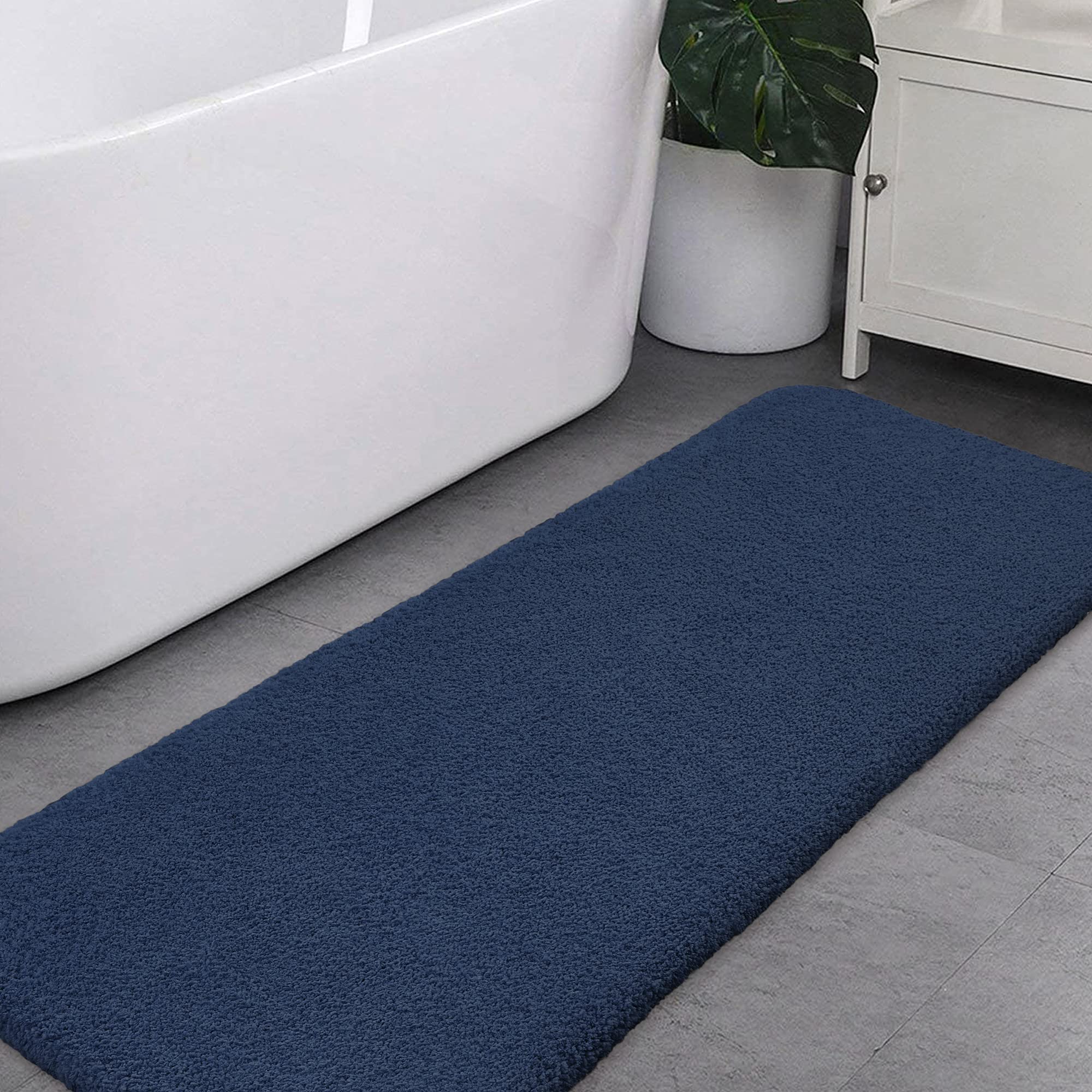 VANZAVANZU Non Slip Bath Mat Extra Large Bathroom Runner Rug Thickened Bath Rug for Bathroom Absorbent Ultra Soft Bedside Rug Fluffy Microfiber Carpet Runner Floor Mat - 50 x 122cm (Navy Blue)