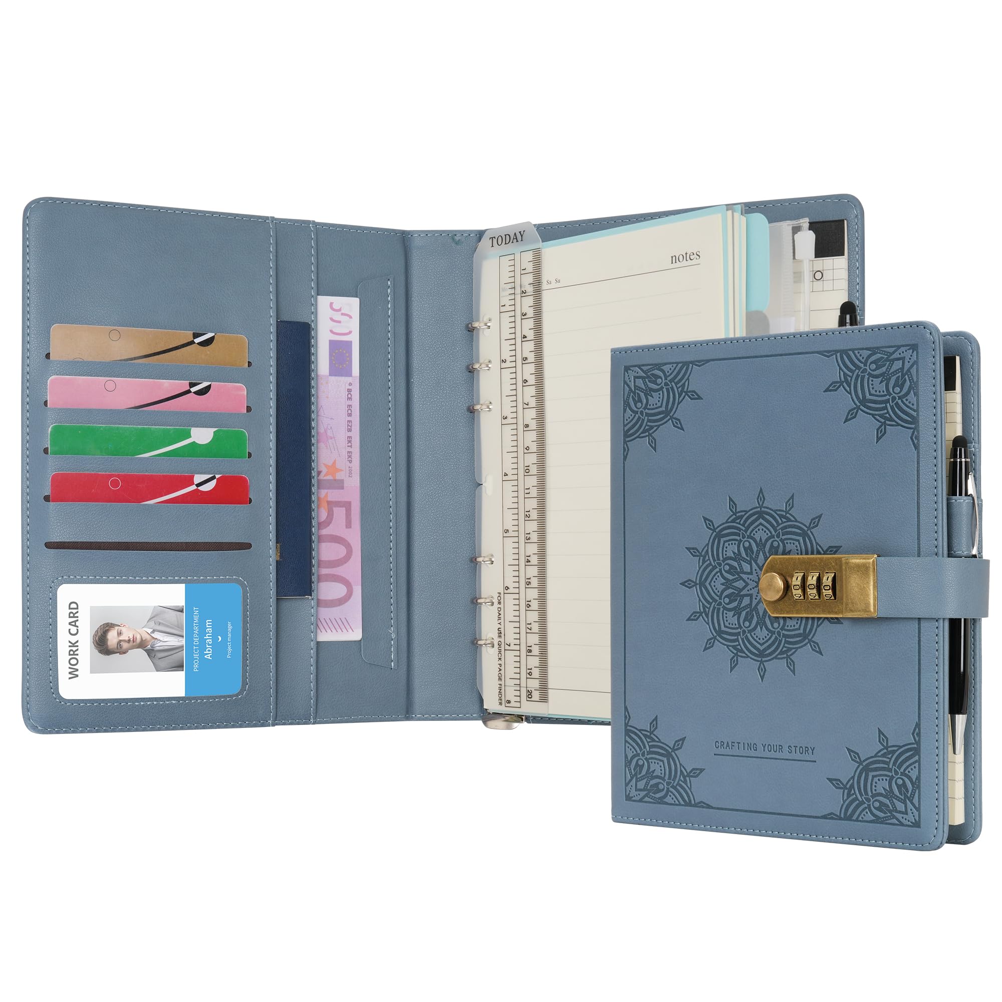 WASON Diary with Lock A5 Binder Ruled Spiral Notebook Journal Planner Portfolio and Refillable Writing Lined Paper Notepad, Pen, Clipboard Organizer For Ideal Business, School & Travel (Mist blue)