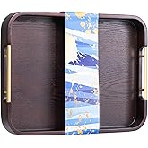 Ottoman Tray 17x13 Inches Acacia Wood Serving Tray with Metal Handles, Decorative Storage Large Wooden Serving Tray for Ottoman, Brown Coffee Table Tray, Food Drinks Trays for Breakfast Kitchen