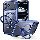 GUAGUA for iPhone 17 Pro Case with Stand, 360° Magnetic Rotatable Ring, Clear Back Plating Edge Invisible Ring Holder Slim Shockproof Protective Kickstand Phone Case for iPhone 17 Pro, Blue