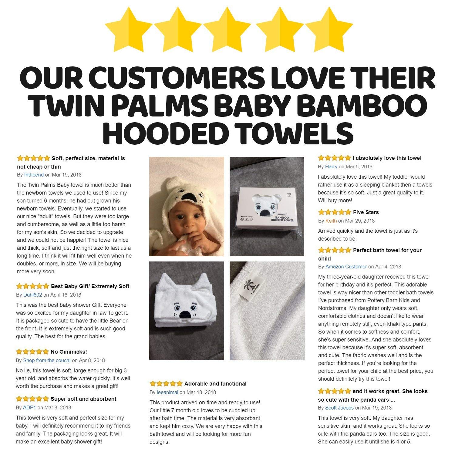 Baby Hooded Bath Towels | Organic Bamboo Material | Perfect for Bath, Pool or Beach | White Puppy Design | Best Gift for Baby Shower or Birthday | Twin Palms Baby Towel