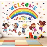 DECOWALL Rainbow Inspirational Classroom Wall Stickers &amp; Decals (SG2-2403) | Removable peel and stick kids decor with welcome quote, cheerful children, stars and learning icons for playrooms, nurseries