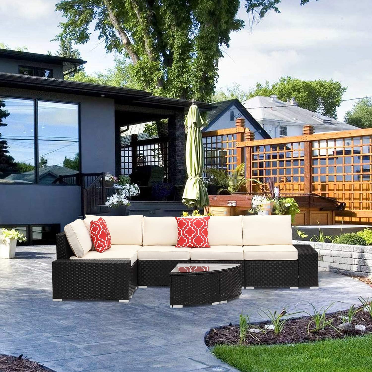 Patio Sofa Furniture Sets 6 Piece, Outdoor PE Wicker Rattan Conversation Sofa Set with Coffee Table, Dark Brown: Garden & Outdoor