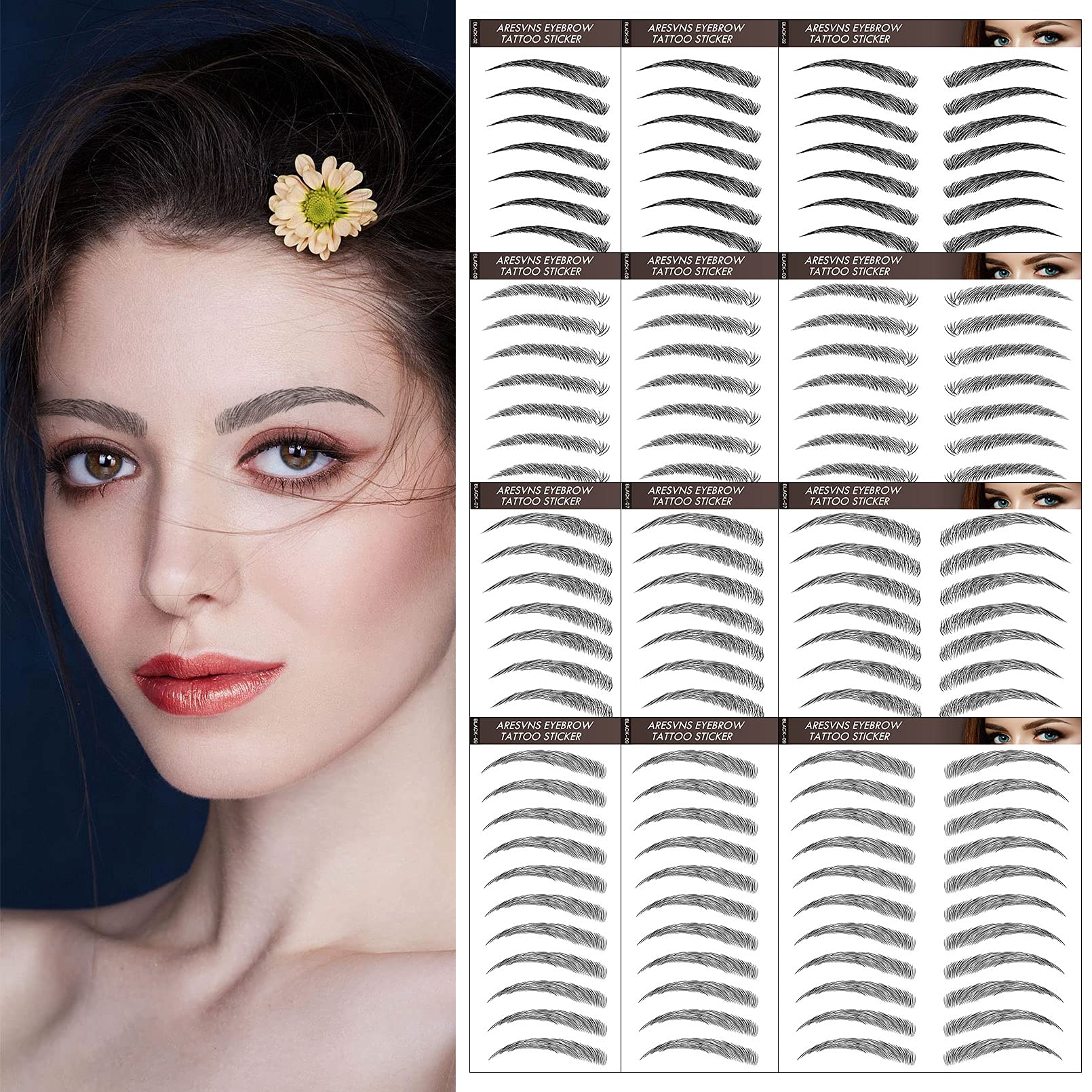 4D Eyebrow Tattoo 132 Pairs! Black Natural Look Imitation,4 Eyebrow Shapes,Waterproof Realistic Fake Transfers Sticker