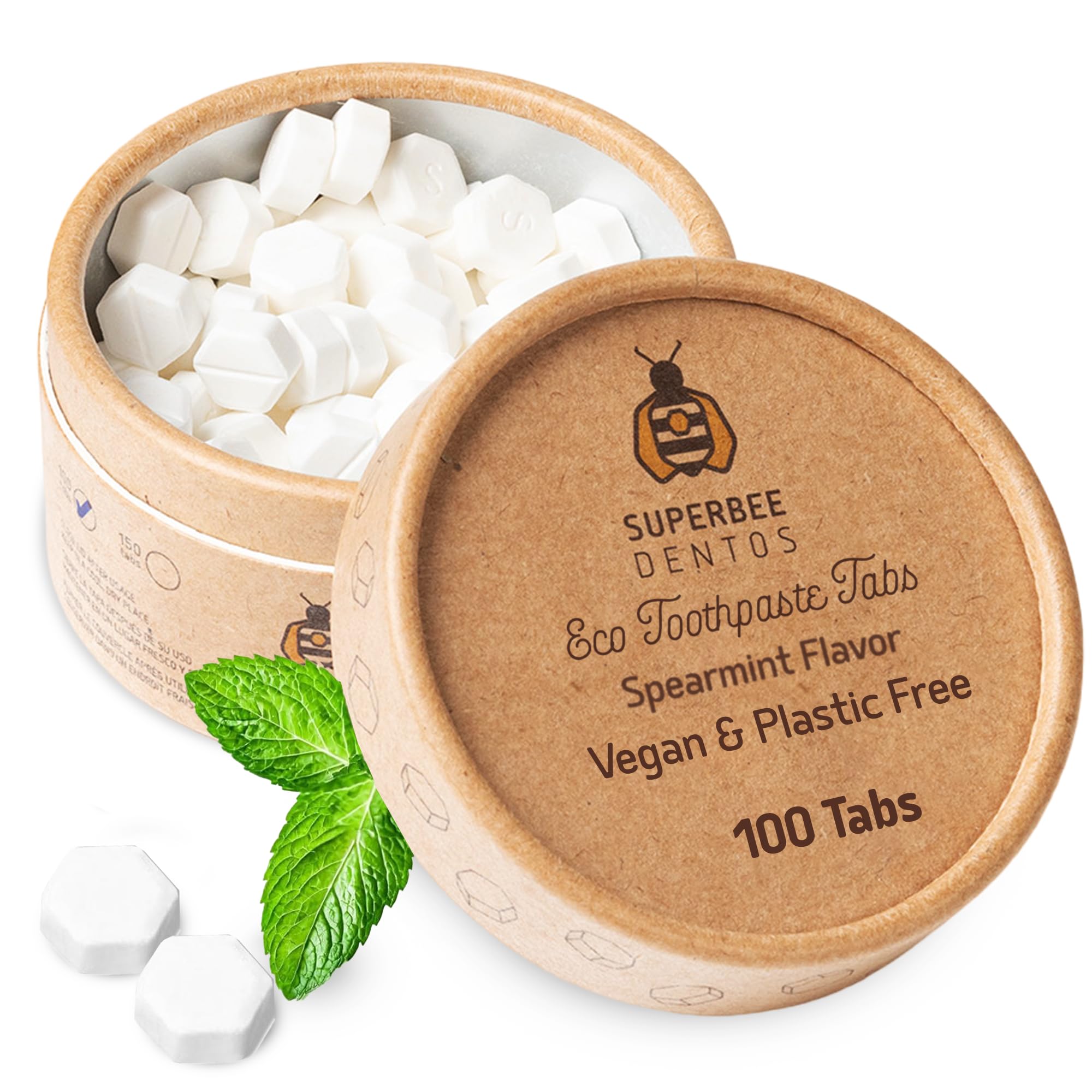 SuperBee Dentos Toothpaste Tablets, 100 Tabs, Fluoride Free & Eco Friendly, Travel Mouthwash Tablets, Sensitive Bites Kids Adults, Chewable Tablet, Spearmint
