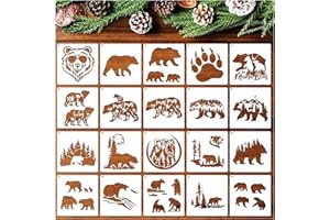 HOSOMONO 20 Pieces Stencil for Painting, Reusable Bear Mountain Tree Stencils Bear Paw Template Forest Animal Wildlife Wood Burning Stencils for Wood Wall DIY Crafts Canvas Fabric Home Décor (20pcs Bear)