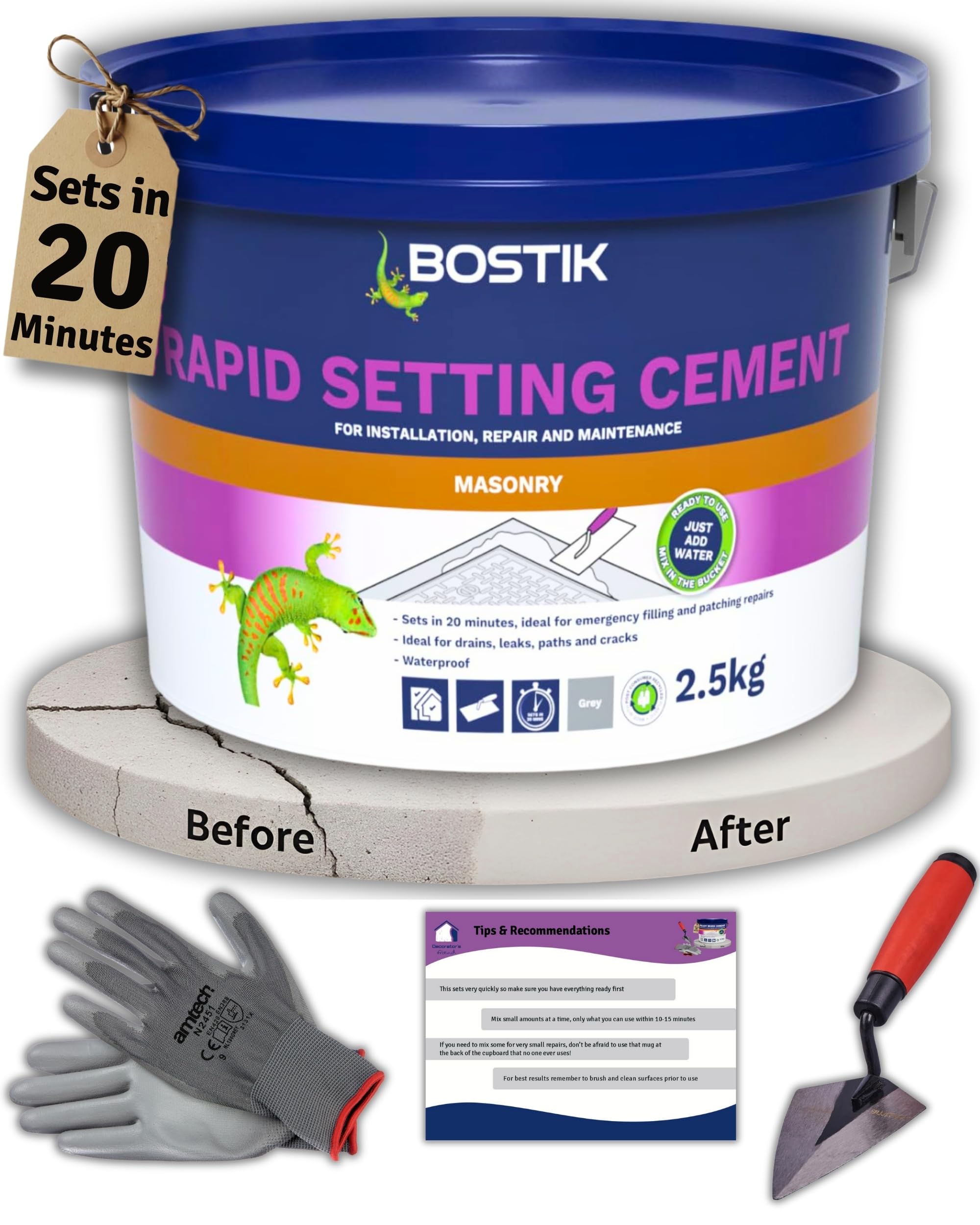Cement Ready Mixed for Outdoor Use, Waterproof, Quick Dry - Concrete Mix Mortar Repair Kit for Cracks, Holes, Steps & More - 20 Mins Rapid Setting Cement Mix 2.5kg, Pointing Trowel, Gloves & Tips Card