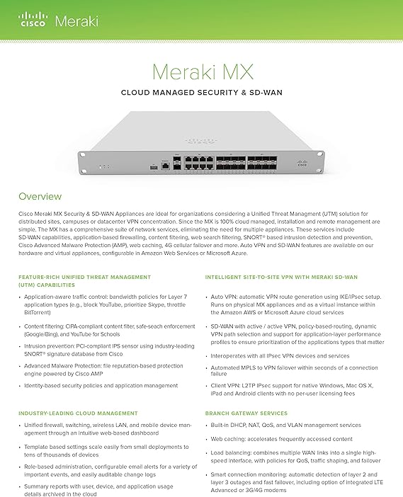Amazon Com Mx84 Hw Cisco Meraki Cloud Managed Firewall 1 Year Enterprise License Lic Ent 1yr Computers Accessories