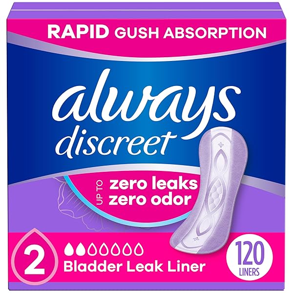 ALWAYS DISCREET INCONTINENCE PANTY LINERS FOR BLADDER LEAKS, SIZE 2, VERY LIGHT ABSORBENCY, 120 COUNT