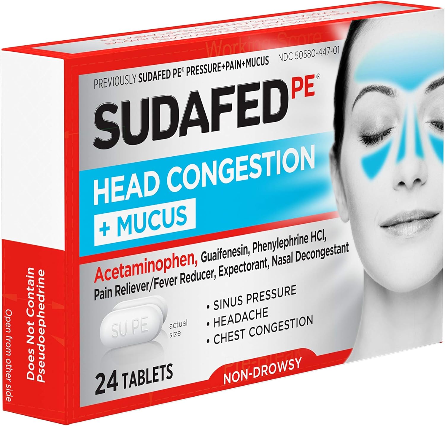 Sudafed PE Head Congestion + Mucus Tablets for Sinus Pressure, Pain & Congestion, 24 ct: Health & Personal Care