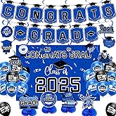 Zerunyiw Graduation Decorations Class of 2024, Congrats Grad Banner, Class of 2024 Backdrop, Balloons & Hanging Swirl, Honeycomb Party Supplies for High School & College Celebrations (Blue)