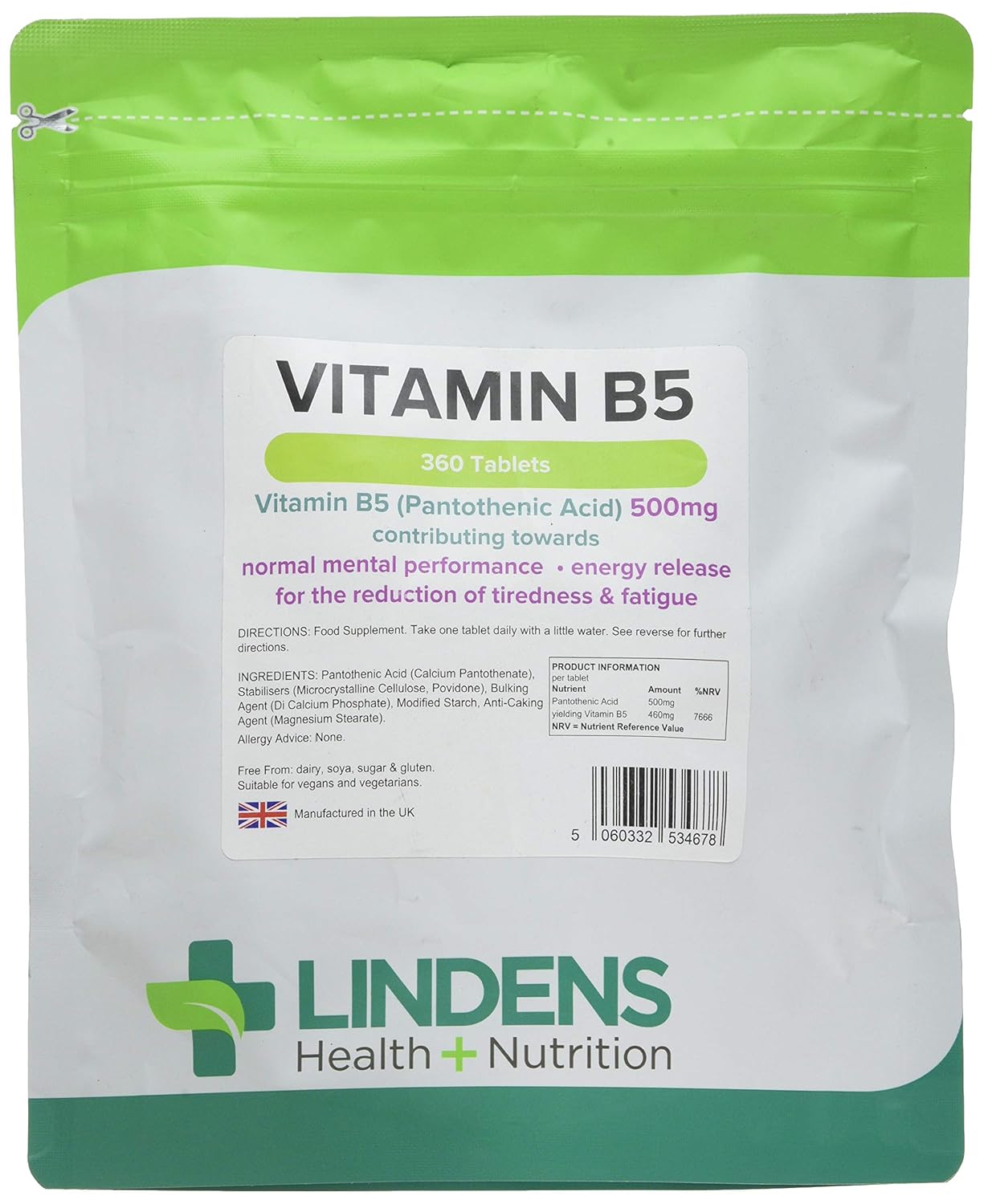 Lindens Vitamin B5 500mg Tablets 360 Pack 8000 Nrv Dose