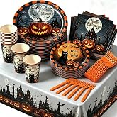 Halloween Party Supplies Plates and Napkins Set, Halloween Disposable Tableware with Dinner Plates, Dessert Plates, Cups, Napkins, Forks & Tablecloth for Halloween Party Decorations, Serves 24
