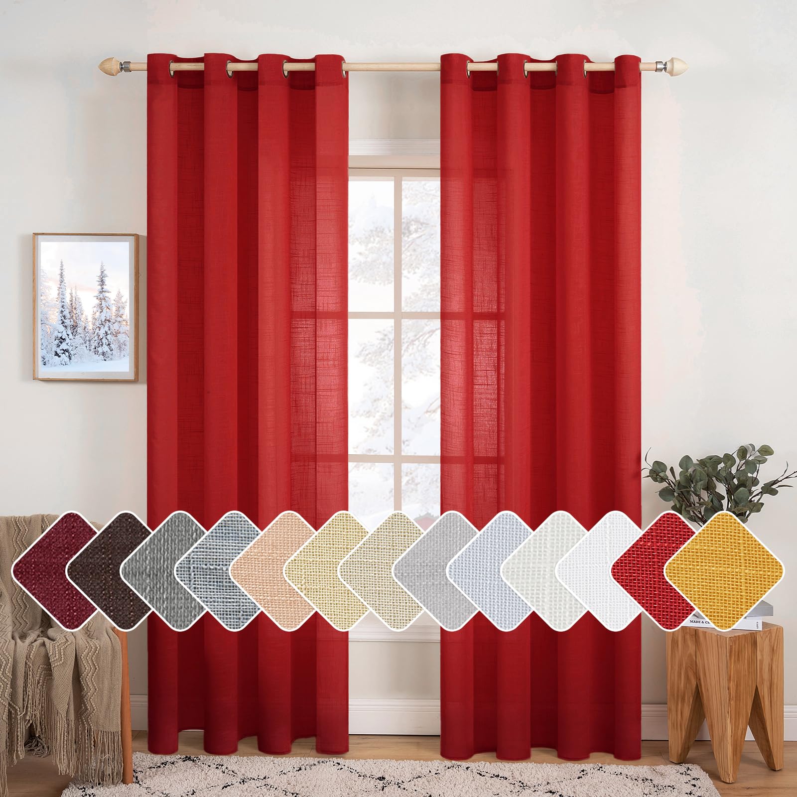 Photo 1 of **ONE PANEL** MIULEE 2-Panel 84 Inch Farmhouse Linen Sheer Window Curtains - Elegant Red Drapes With Grommet Top - Voile Panels, Linen Textured - Bedroom/Living Room (52 X 84 Inch)