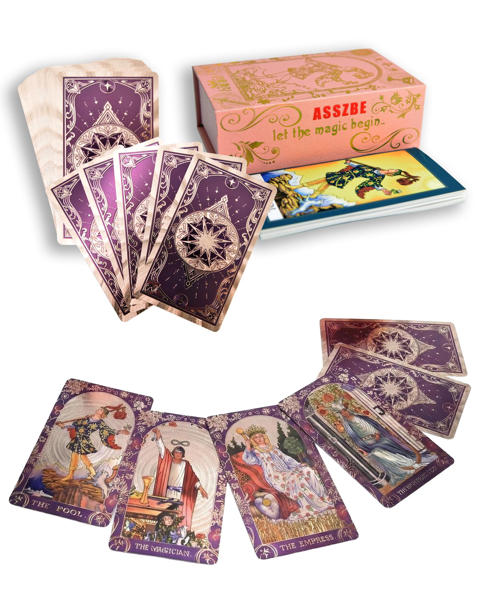 ASSZBE Tarot Cards Deck, English Ryder-Waite Gold Foil Edition, 78 Cards with Holographic Waterproof Design, Includes Instruction Manual and 2 Spare Cards, Perfectly Mirrored Card Back.
