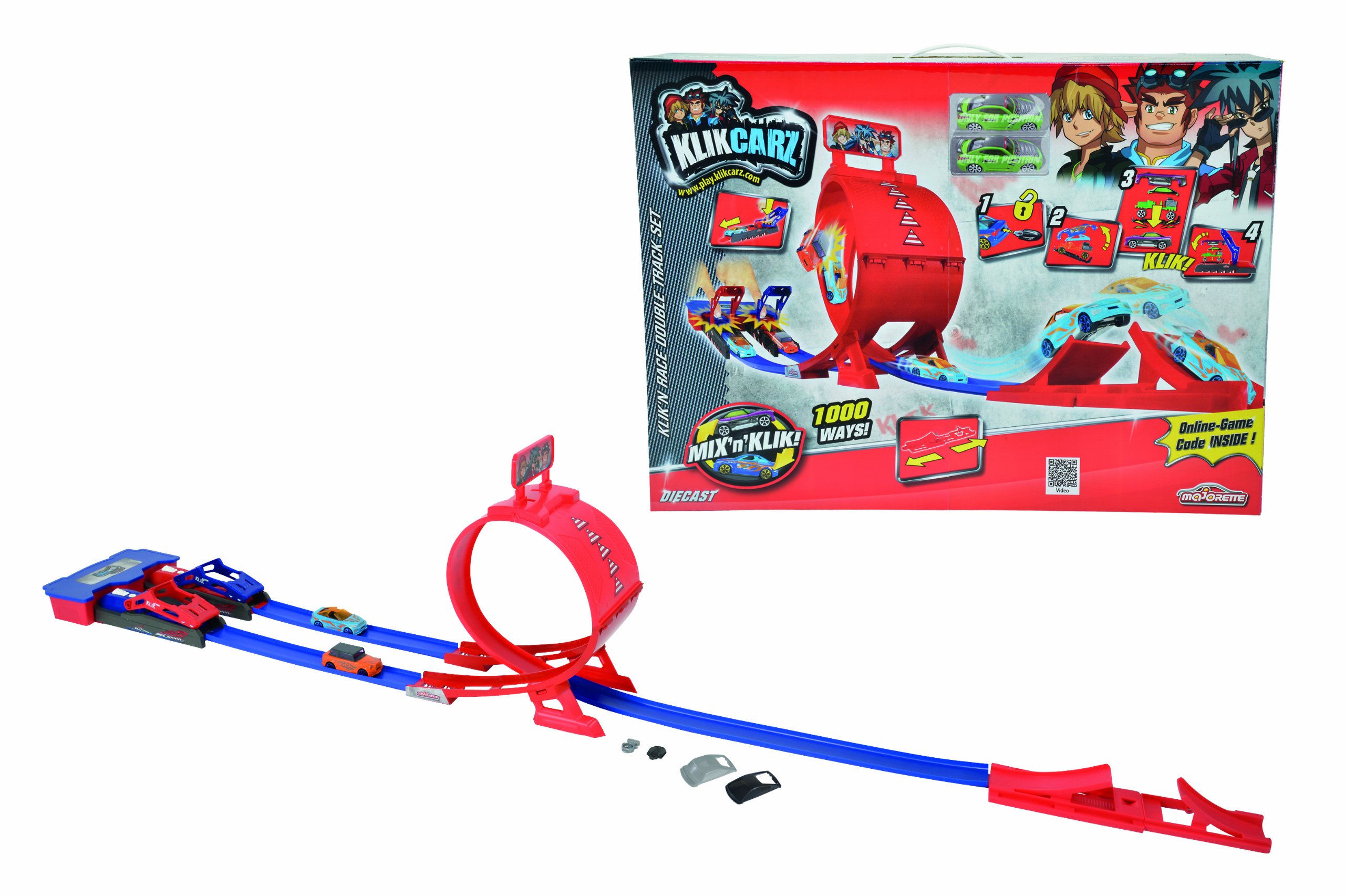 Majorette 212050106 – Klikcarz N Double Track Race Set, Train with Looping/Jump/curve 2 cars 7.5 cm, 155 cm
