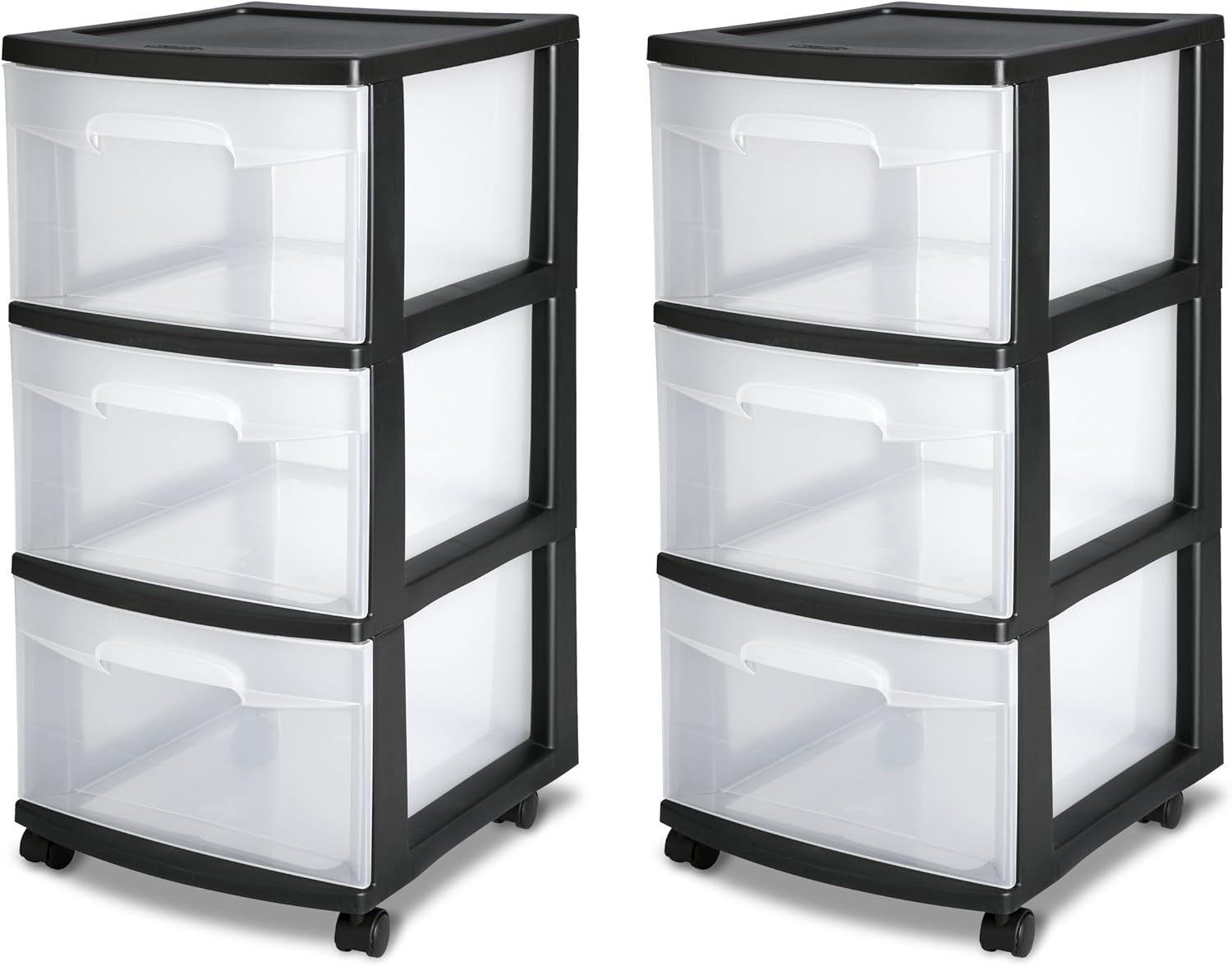 Sterilite 29309001 Wide 3 Drawer Cart Black Frame With See Through