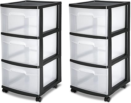 Sterilite 29309001 Wide 3 Drawer Cart Black Frame With See Through