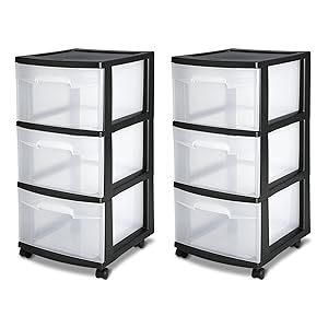 Sterilite 28309002 3 Drawer Cart, Black Frame with Clear Drawers and Black Casters, 2-Pack