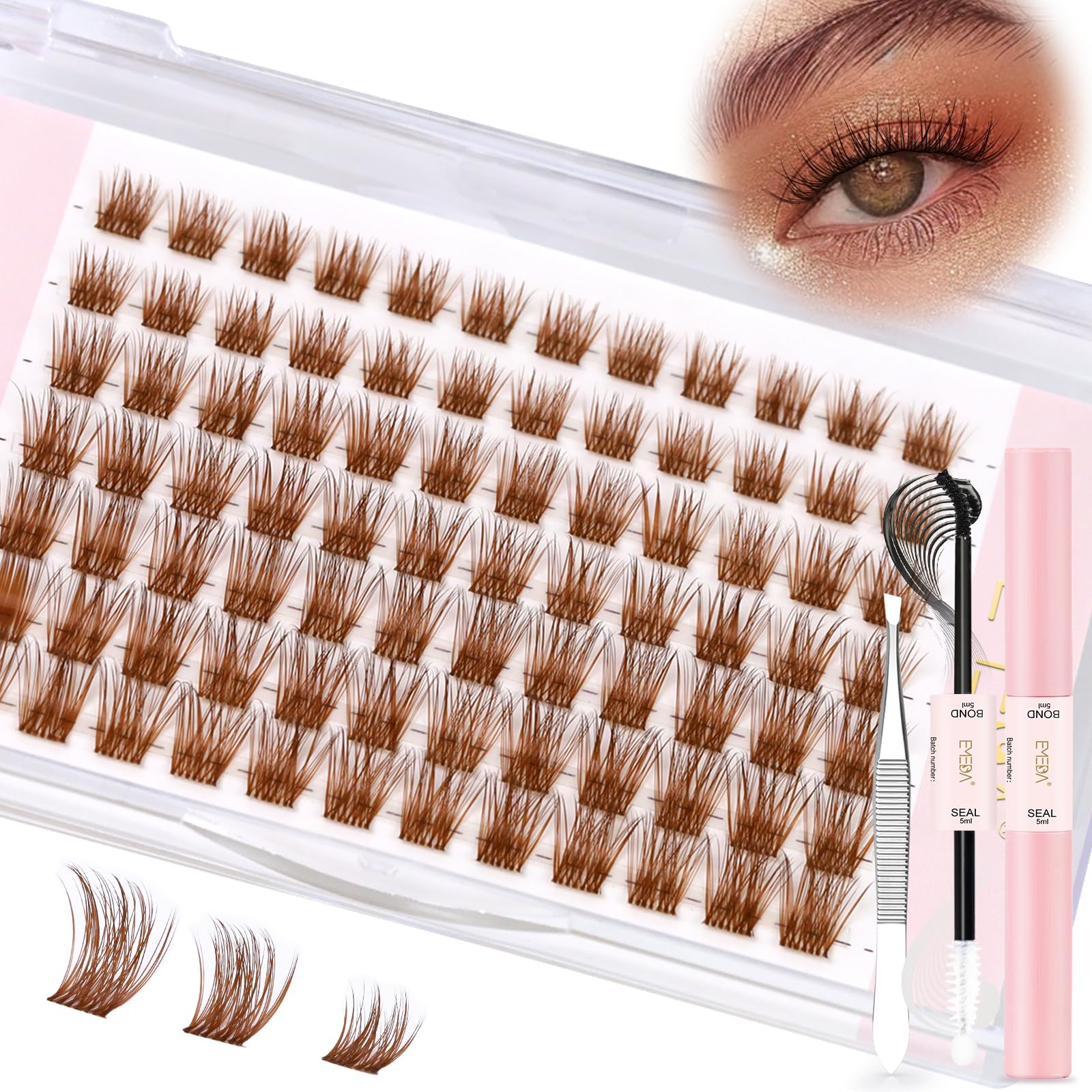 Brown Individual Cluster Lashes D Curl Mix 8mm 10mm 12mm DIY Eyelash Extensions Kit Clear Band Natural Look Light Brown Lash Cluster set Colored Cluster lashes (LB01 lash kit) — image 1