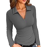 VICHYIE Womens Long Sleeve Shirts Lapel Collared V Neck Slim Fitted Ribbed Knit Trendy Tight Polo Tops