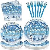 Greencian 96 Pcs Winter onderland Party Supplies Blue Winter Ball Decorations Plates and Napkins Snowflakes Glitter Pearl Holiday Tableware Set for Christmas Baby Shower Party Supplies, Serves 24