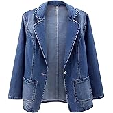 ebossy Women's Classic Notch Lapel Denim Blazer One Button Long Sleeve Slim Office Jean Jacket