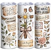 Boho Christian Skinny Tumbler, 20oz Stainless Steel Travel Mug with Floral Cross & Bible Verse, Faith-Based Inspirational Tumbler Gift for Women